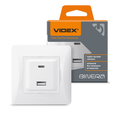 Gniazdo USB-A + USB-C PD20W białe VIDEX BINERA