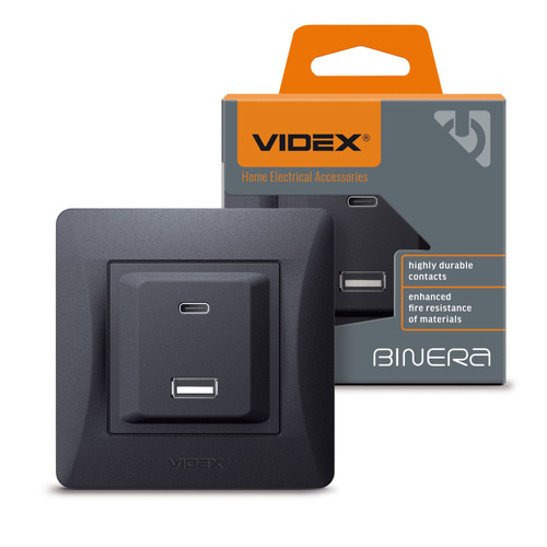 Gniazdo USB-A + USB-C PD20W czarno-grafitowe VIDEX BINERA