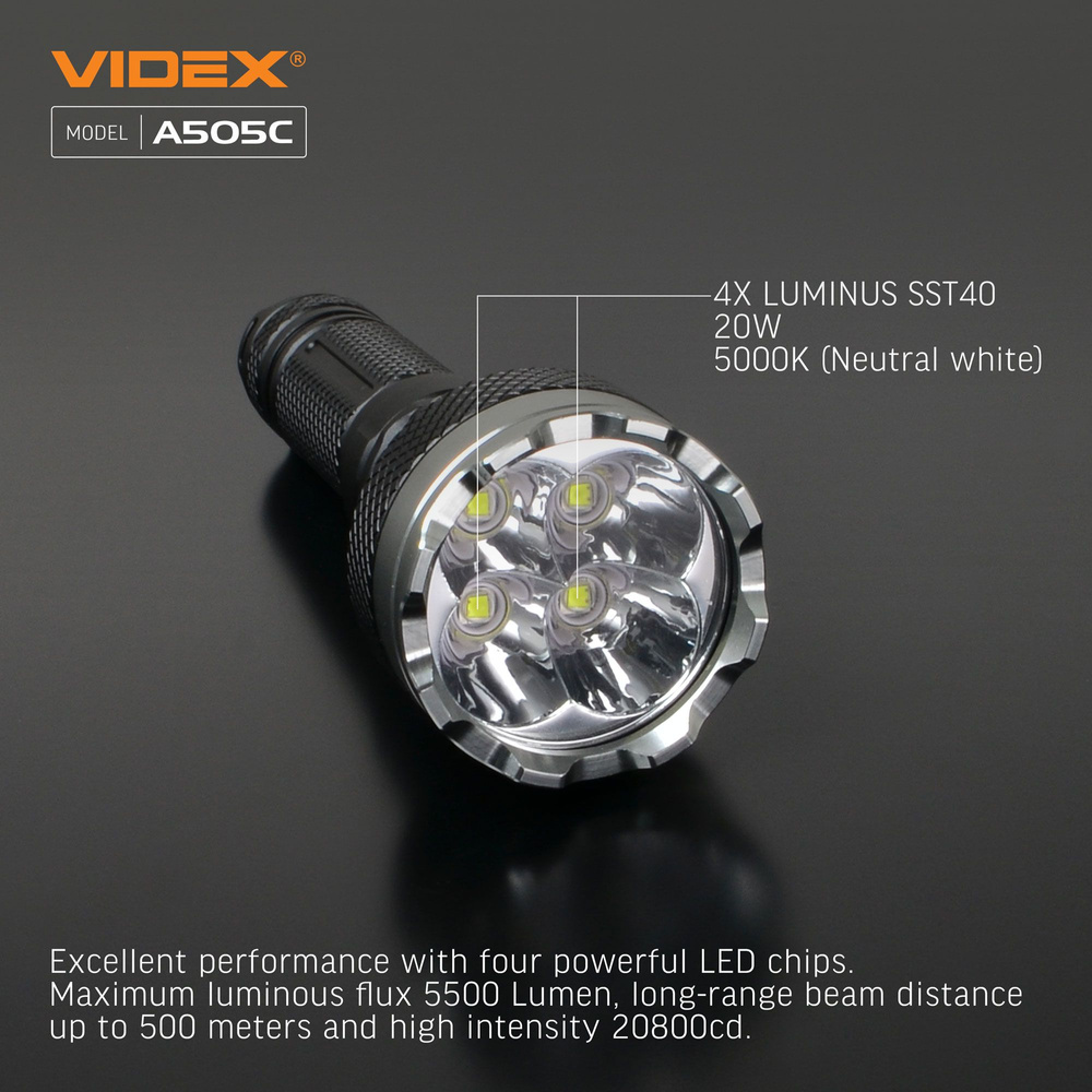 Latarka Videx LED 5500lm IP68 neutralna biel 5000k 6 trybów zasięg 500m