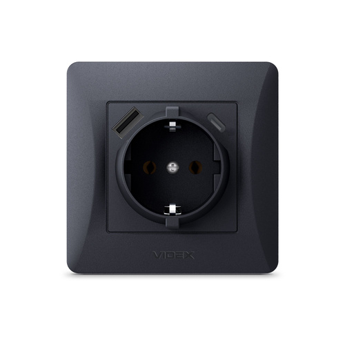 Gniazdo schuko pojedyncze z USB-A+USB-C czarno-grafitowe VIDEX BINERA