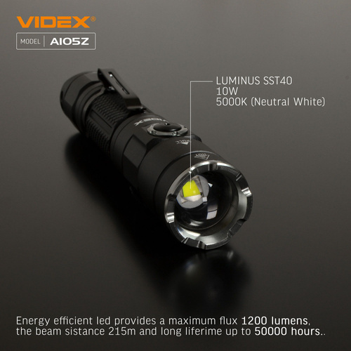 Latarka Videx LED 1200lm IP44 neutralna biel 5000k 8 trybów zasięg 215m