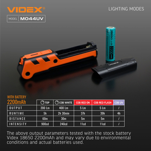 Wielofunkcyjna latarka Videx LED 400lm IPX2 4000k ściemnianie UV 4 tryby
