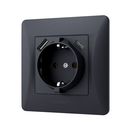 Gniazdo schuko pojedyncze z USB-A+USB-C czarno-grafitowe VIDEX BINERA