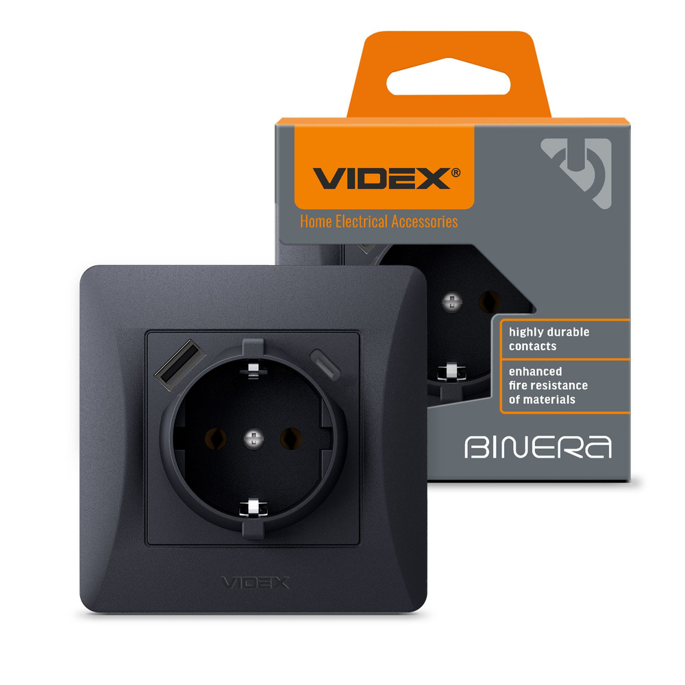 Gniazdo schuko pojedyncze z USB-A+USB-C czarno-grafitowe VIDEX BINERA