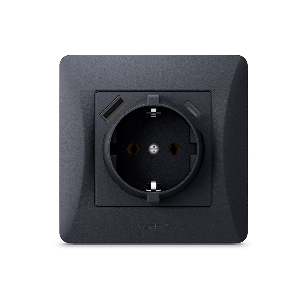 Gniazdo schuko pojedyncze z USB-A+USB-C czarno-grafitowe VIDEX BINERA