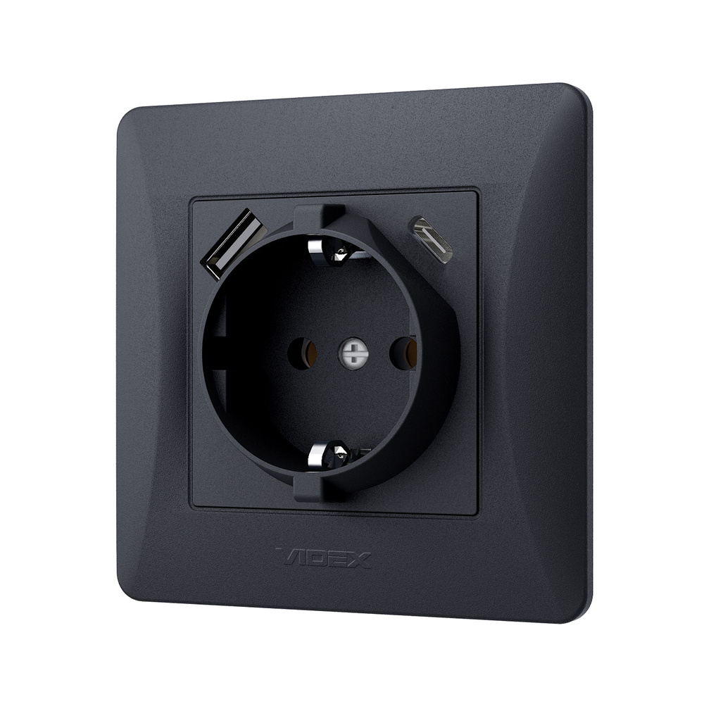 Gniazdo schuko pojedyncze z USB-A+USB-C czarno-grafitowe VIDEX BINERA