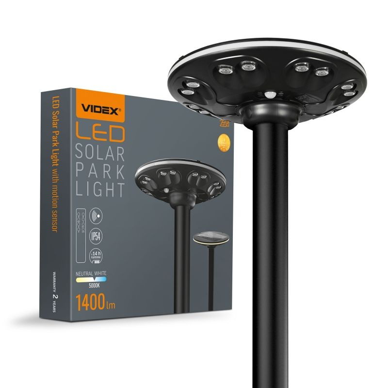 Lampa parkowa Videx LED solarna IP54 z czujnikiem ruchu 1400lm LiFePO4
